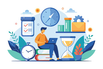 Canvas Print - Man Sitting on Desk With Laptop and Clock, Work deadline, time management concept, Simple and minimalist flat Vector Illustration