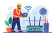 Worker standing in front of a laptop computer, worker checking the wifi router, Simple and minimalist flat Vector Illustration