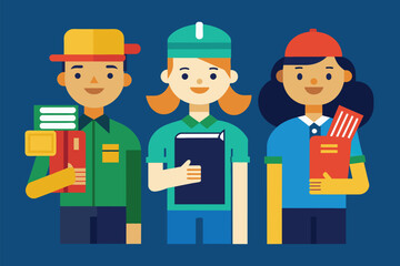 Sticker - Diverse group of people standing closely aligned next to each other in a simple and minimalist setting, workers and guidebooks, Simple and minimalist flat Vector Illustration