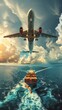 Vibrant composite image displaying air, land, and sea travel featuring an airplane, cargo ship, and train