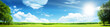 Beautiful spring summer natural landscape. Green meadow or park grass on blue sky background with trees, sun and clouds on warm sunny day. Colorful bright nature panoramic banner with copyspace.