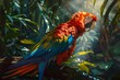 Elegant macaw perched among vibrant tropical rainforest foliage with stunning colors