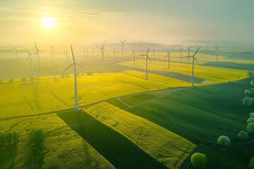 vibrant yellow rapeseed field with multiple wind turbines, illuminated by green and white lights