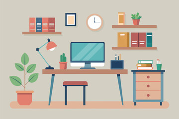 Sticker - A desktop computer is placed on top of a wooden desk in a simple and minimalist workspace setting, Workspace, Simple and minimalist flat Vector Illustration