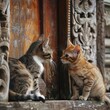 Close-up look of two cats chatting, old wooden house. Distinctive coats and curious expressions. The house shows its age in every detail, boards worn by time, windows with carved frames.