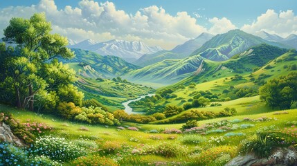 Wall Mural - spring poster traditional painting bright green tones of a hilly and mountainous landscape with a river and flowering meadows