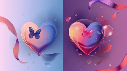 Wall Mural - Abstract gradient Y2K style template cover vector set. Happy Valentine's Day decorate with trendy gradient heart, ribbon, bubble, butterfly. 
