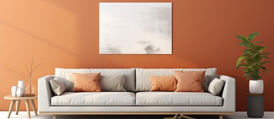 Poster - White couch in orangewalled living room for modern interior design