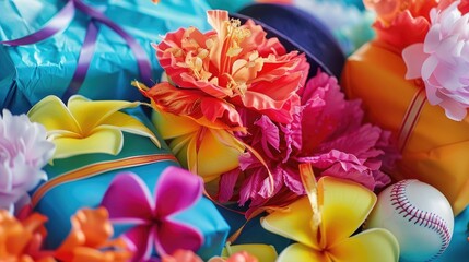 Canvas Print - Gifts wrapped in colorful paper a baseball a hat and vibrant flowers set against a stunning blue backdrop captured up close