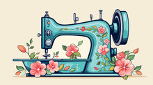 Vintage Floral Sewing Machine Clipart 2d Flat Carto