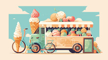 Vintage Ice Cream Bicycle Cart Bus Vector Illustrat