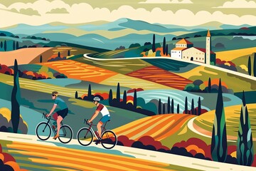 Sticker - Two cyclists enjoy a scenic ride through the picturesque Tuscan countryside, with historic buildings dotting the landscape.