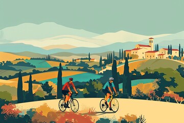 Sticker - Two cyclists enjoy a scenic ride through the picturesque Tuscan countryside, with historic buildings dotting the landscape.