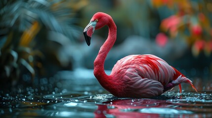 Wall Mural - Flamingo Stand in The Water With Beautiful background Nature 4K Wallpaper