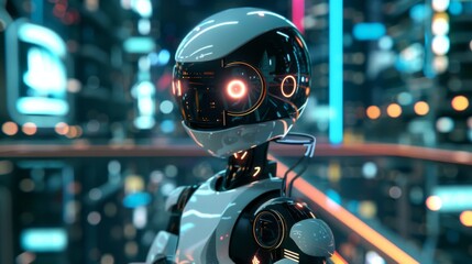 Aufkleber - Robot Standing in Front of Night Cityscape