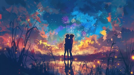 Poster - Couple of lovers hugging while fireworks coloring the sky