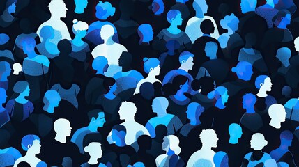 Wall Mural - abstract shapes illustration, social media likes into real people, black background, blue, and white flat colors