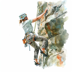 Minimalistic watercolor illustration of rock climbing on a white background, cute and comical.