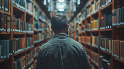 Wall Mural - A person standing between library shelves, viewed from behind with a shallow depth of field.