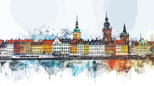 Landmark Of Copenhagen Capital Of Denmark. Watercolor
