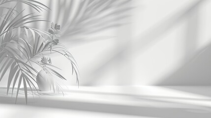 Wall Mural - Abstract white studio background for product presentation. Empty room with shadows of window and flowers and palm leaves