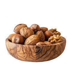 Wall Mural - Hazelnut kernels are placed in a rustic wooden dish alongside walnuts and almonds set against a soft light background with a transparent background