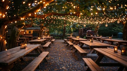 long rustic wood wedding table in garden full of fairy lights on the trees