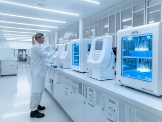 A woman in a lab coat is working with a machine that has a blue light on it. The lab is filled with various machines and equipment, and the woman is focused on her work. Scene is serious and focused