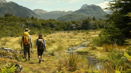 Wall Mural - A couple of tourist going by the road at mountain green valley background