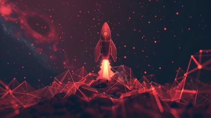 Wall Mural - Space rocket taking off from futuristic polygonal red lines and glowing stars for banner, poster, greeting card. AI generated