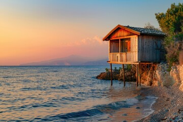 Wall Mural - a small wooden cabin house with the calm seaside view while sunset