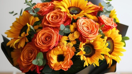 Wall Mural - A stunning bouquet featuring vibrant orange roses and bright yellow sunflowers