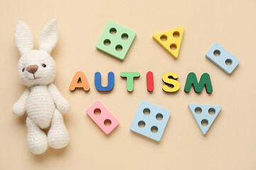 Sticker - Word AUTISM, educational toys and bunny on beige background. Top view