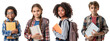Collection of school boys and girls from different ethnicities holding notebooks ready to go to school. Isolated white transparent background