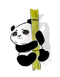 Hand drawn Cute Panda. Smiling baby panda climbing up bamboo tree. Doodle sticker with black and white bear from Asia. Design for print. Cartoon flat vector illustration isolated on white background