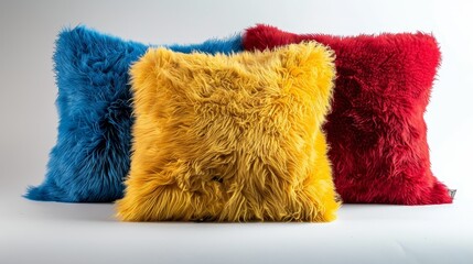trio of eco fur pillows in red, yellow, and blue, each representing a blend of vintage luxury, isola