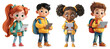 Collection of 3D cartoon characters of multi ethnic school boys and girls holding digital tablet over white transparent backdrop. Back to school concept