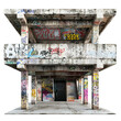 Abandoned concrete building full of colorful graffiti over white transparent background