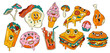 Set of psychedelic fast food stickers. Groovy acid elements with pizza, burger, sandwich, donut and cocktail with eyes. Food with funny faces. Cartoon flat vector collection isolated on background