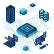 Isometric artificial intelligence chip concept. Artificial Intelligence server. Futuristic microchip processor. Isometric cloud computing. Vector illustration