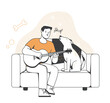 Person and pet. Happy dog owner playing guitar and singing with his pet. Portrait of character with adorable puppy. Caring for animal. Cartoon outline vector illustration isolated on white background