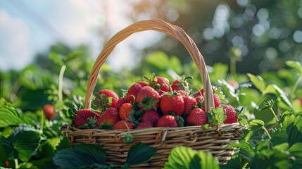 Poster - a basket of seasonal fresh ripe strawberries with green leaves in a garden