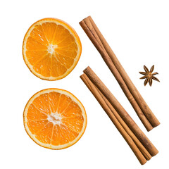 Wall Mural - A vibrant orange fruit segment and fragrant cinnamon sticks stand out against a transparent background ready to be used as ingredients for delicious hot beverages in this captivating horizontal s