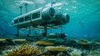 Submarine Drifting Above Coral Reef in Ocean
