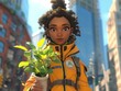 A woman in a yellow jacket holding a plant. The woman is wearing a backpack and has a green scarf around her neck. The image has a bright and cheerful mood, with the woman's outfit
