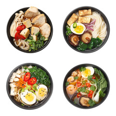 Wall Mural - Set with bowls of delicious ramen with different ingredients isolated on white, top view. Noodle soup