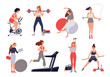 © Rudzhan - Set of women in gym. Girls do physical exercises with dumbbells and running on treadmill. Workout, fitness, sports and active lifestyle. Cartoon flat vector illustrations isolated on white background