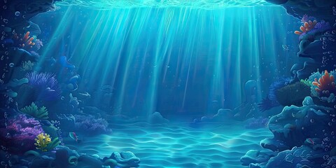 Wall Mural - view of an underwater ocean sea life environment with sun light falling into the ocean background