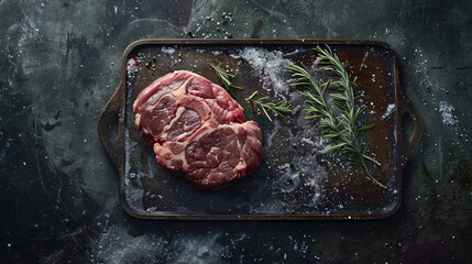 Wall Mural - raw beef steaks on a dark rustic board with spices in stone background