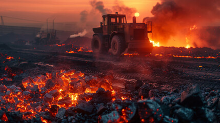 A bulldozer works at an industrial site with glowing hot material, illustrating intense manufacturing processes.